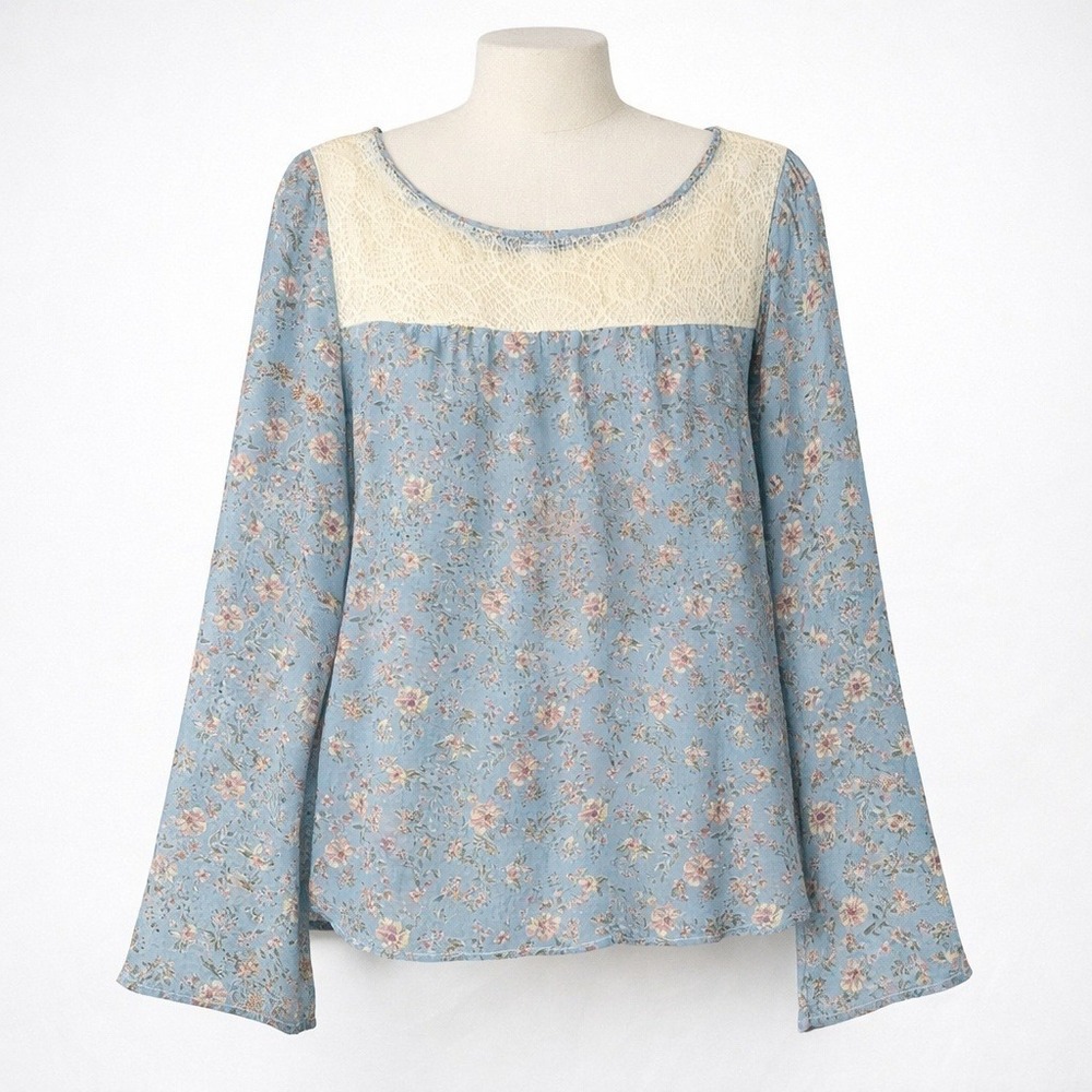 Boho Floral Lace Milkmaid Bell Sleeve Top Size L Pastel Blue Boho Granola Indie